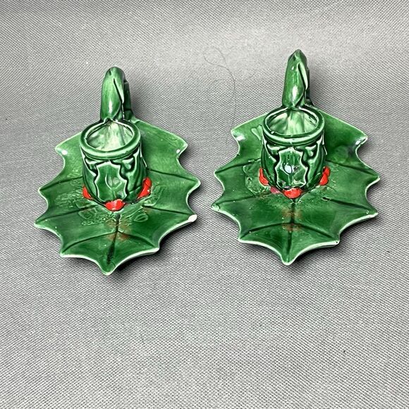 Vintage Antique Christmas Holly Berries Green Candle Stick Holders Holiday Decor - Picture 5 of 13